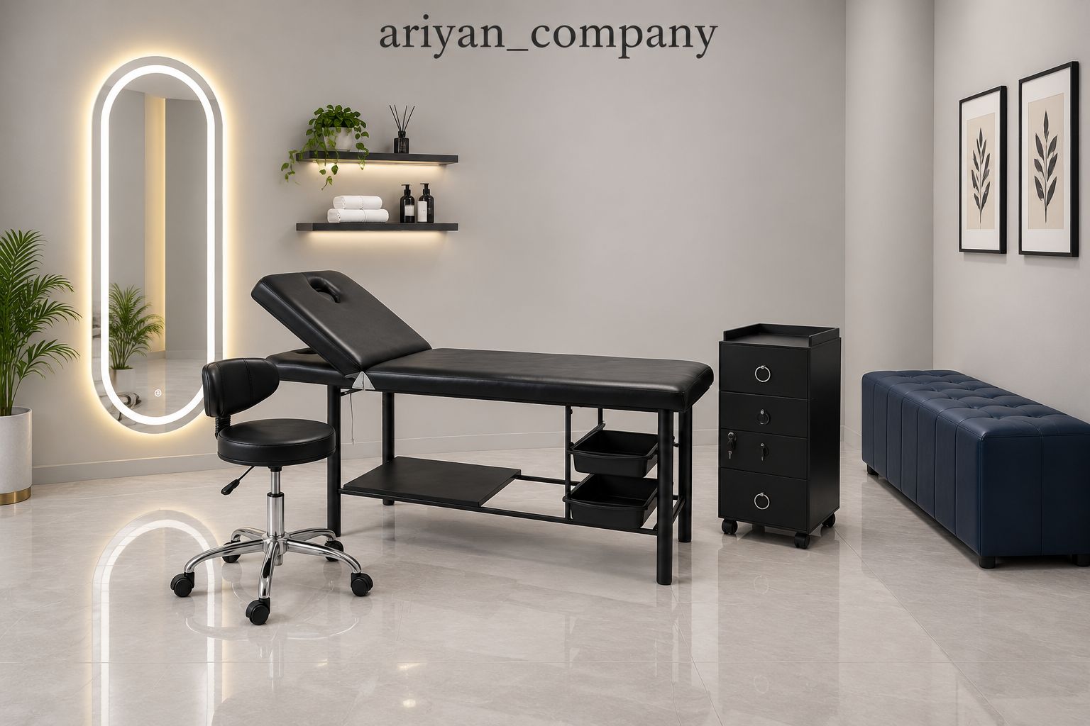 پکیج کامل مبلمان سالن زیبایی و تاتو آریان | تخت ماساژ، آینه LED، صندلی و ترولی